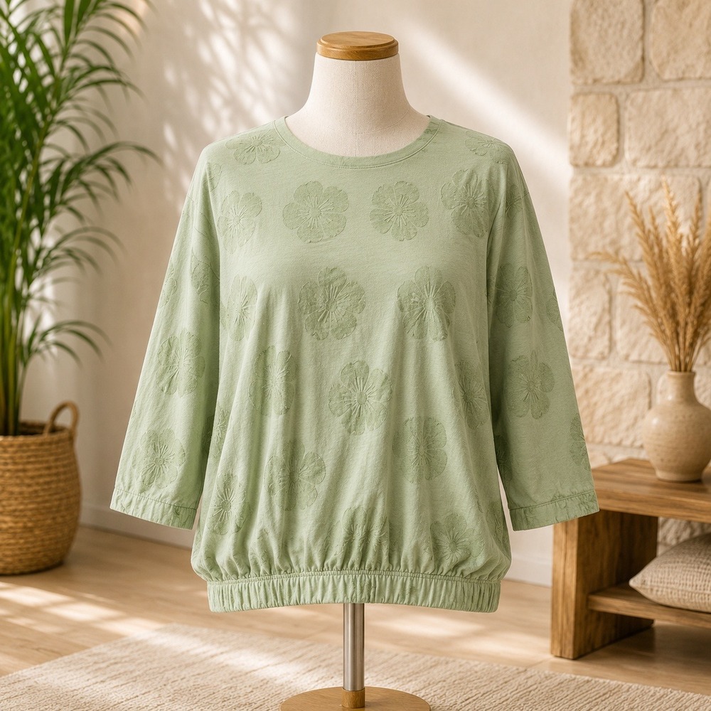 AnyBody Floral Jacquard Sweatshirt Womens L Green Crew Neck Long Sleeve Blouson